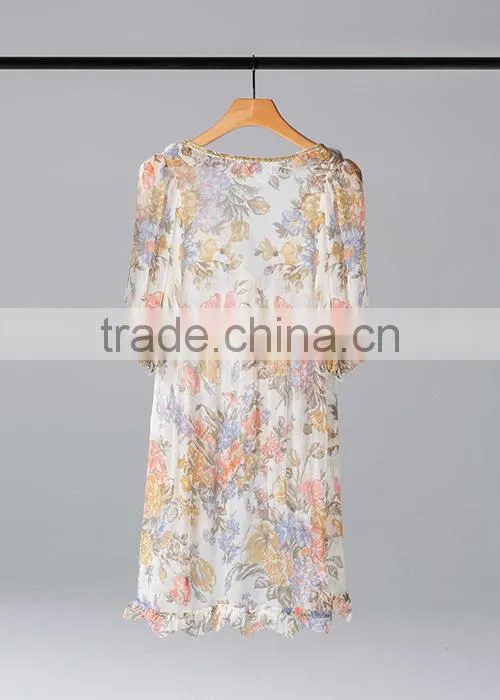 100% silk short sleeves blouse with beaded collar/beach blouse