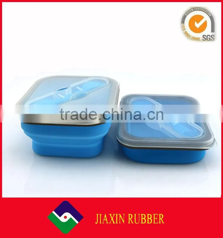 Wholesale square shape foldable silicone lunch containers custom design lunch box with fork and spoon for save kitchen space
