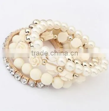 2016 Trendy Fashion Candy Color Pearl Rose Flower Multilayer Charm Bracelet & Bangle For Women Fashion Jewelry