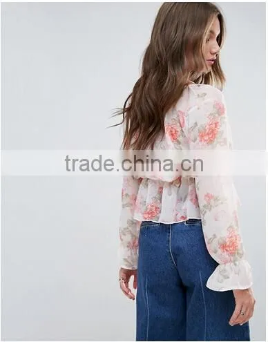 OEM Service supply type women sexy tops and blouses floral print plunge blouse