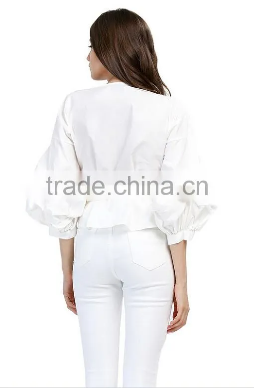 2017 new fashion solid tie belt puff sleeve tops