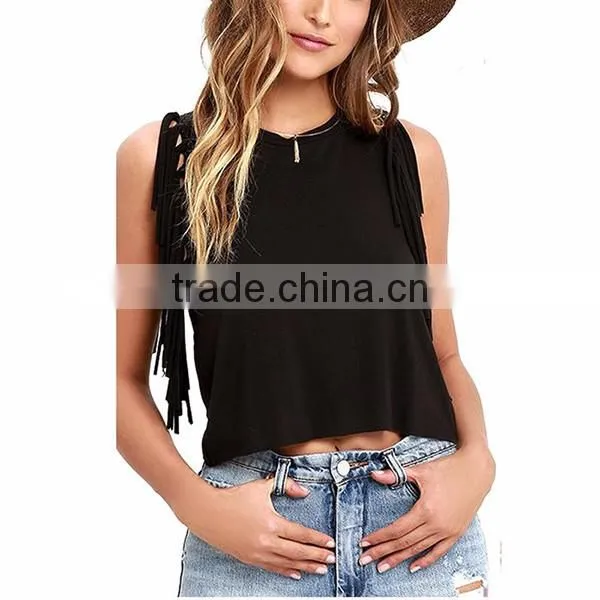 sexy tassel short mini t-shirt custom tank top black white sleeveless t shirt