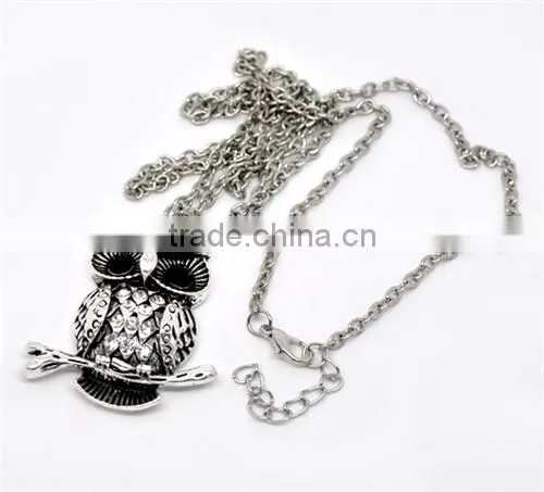Vintage Antique Silver Rhinestone Owl Halloween Ornaments Pendant Necklaces (70cm)