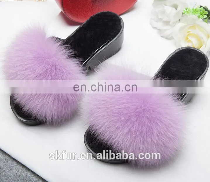 Women's customized size and color soft real fox fur slides slippers