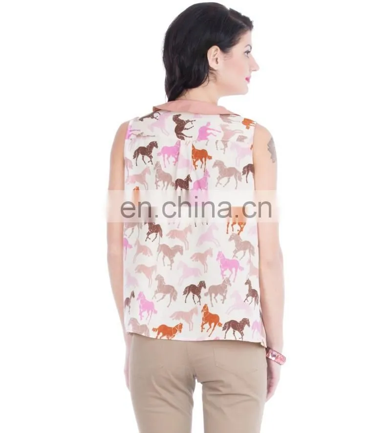 2015 Fashion Multicolored Horse Print Top With Tie-up autumn stylish horse print women loose knit top