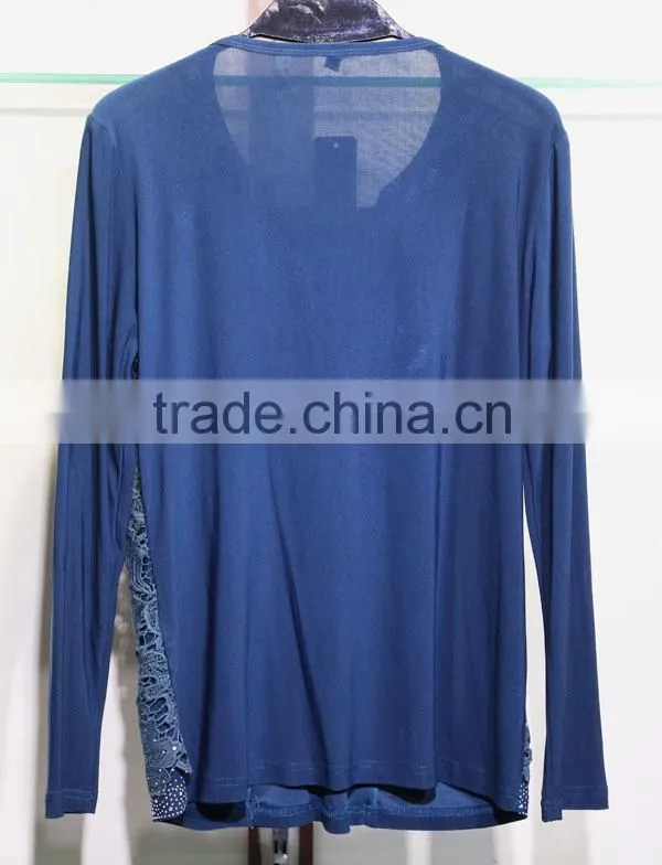 Women's long sleeve viscosa blouse pull over round neckline shining front fly with Pearl-clasped