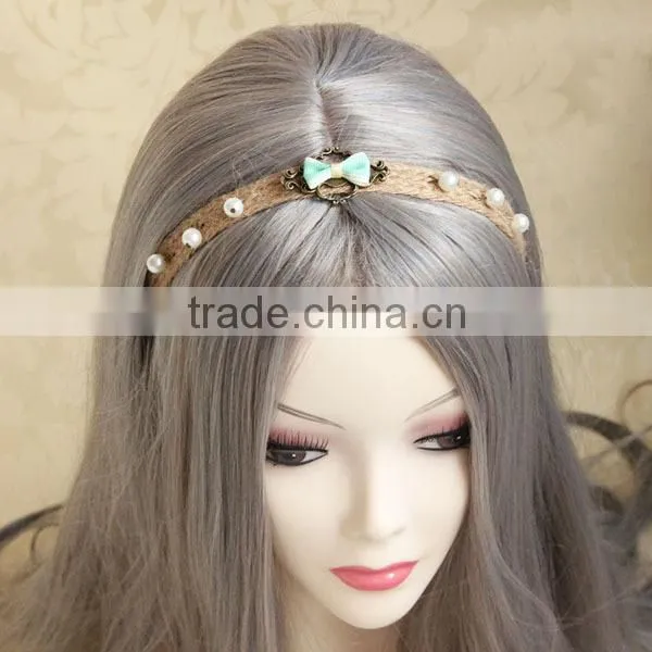 Little Fresh Retro Handmade Faux Pearl & Bowknot Hemp Rope Elastic Hair Band Fashion Headband