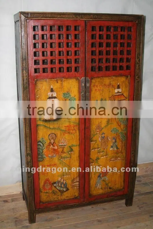 Chinese antique furniture Shanxi red painting pine wood Two Door cabinet