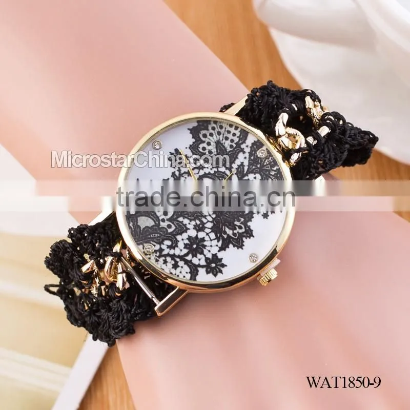 DIY hand made woven chain black flower fashion lady watch