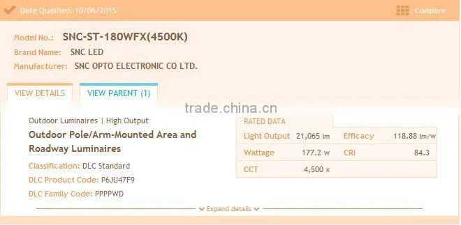 DLC UL CUL approved led street light 180W with photocell and 5 years warranty