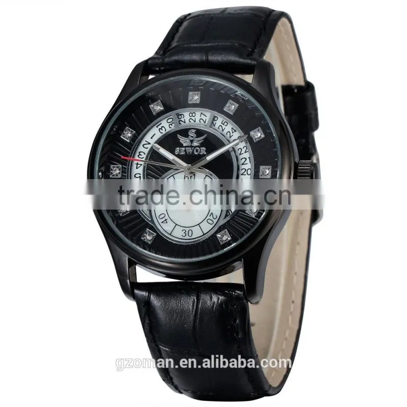 genuine leather strap man automatic watch 6hands wrist watch with diamond