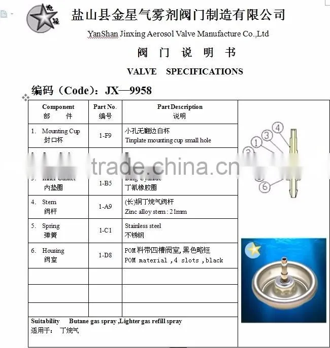 Gas refill valves/lighter gas valves/butane gas refill aerosol valves