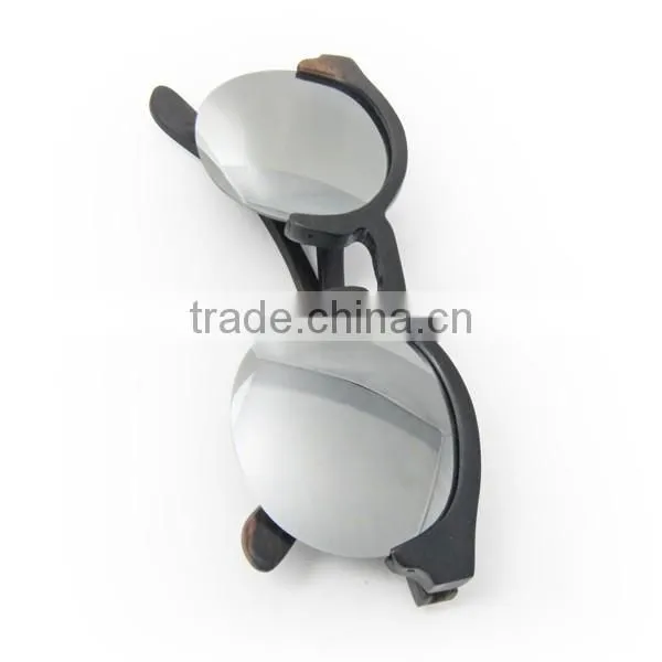 Mirror lens retro halft rim round wood sunglasses