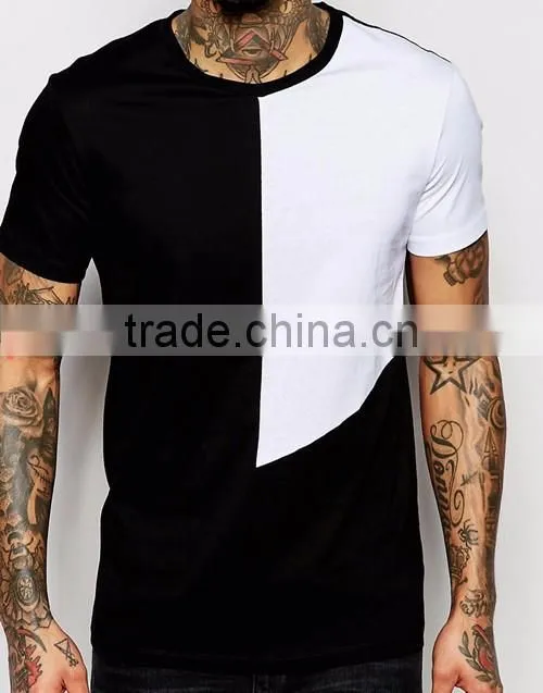 Fashion men cut & sew square panel round collar short sleeve plain t-shirt wholesale custom factories