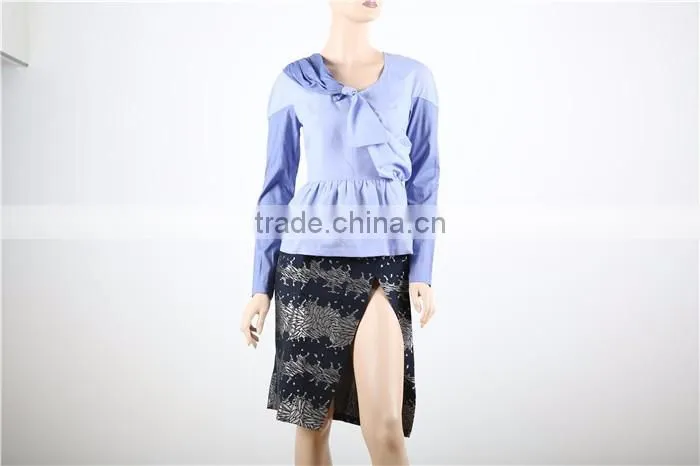 long sleeve blue women blouse patch work designs with bow in front