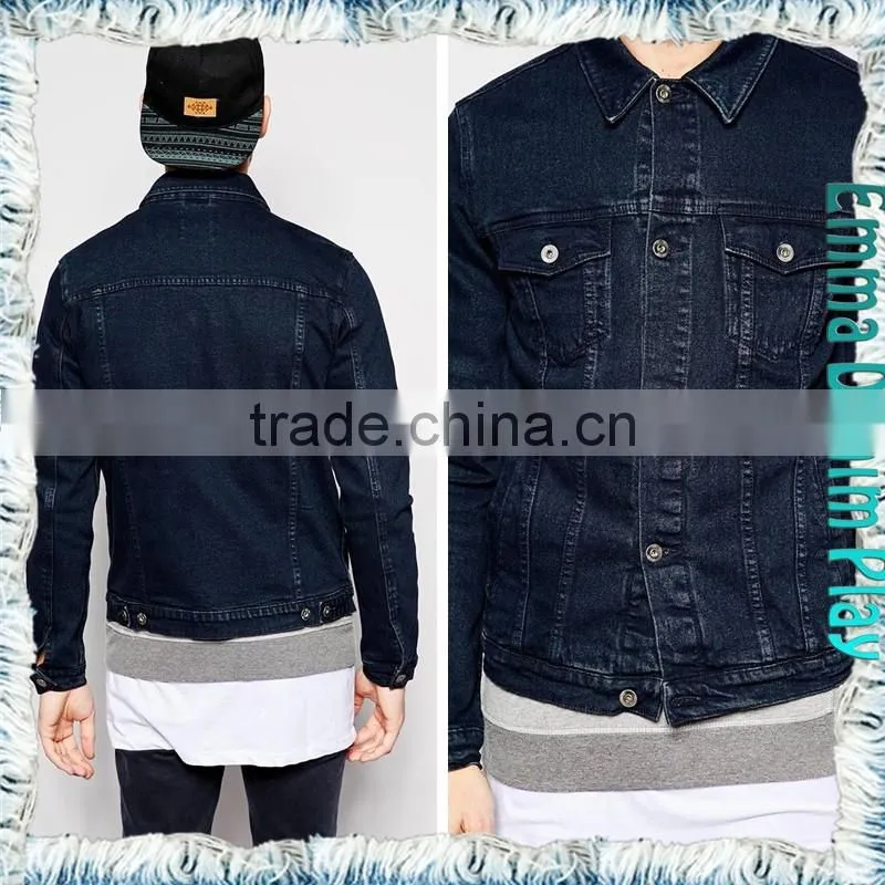 Mens Fashion Autumn Long Sleeve Dark Blue Jean Four Pockets Coat