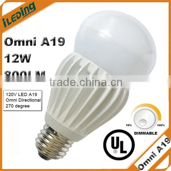 800lm 12Watts Omni A19 LED Household Dimmable Light Bulb UL