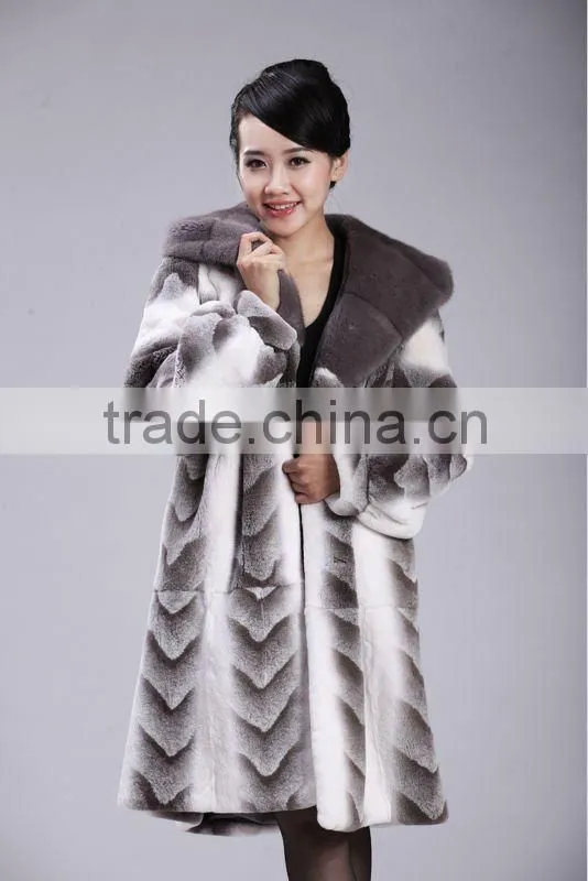 Grey mink hooded dyed rex rabbit fur coat