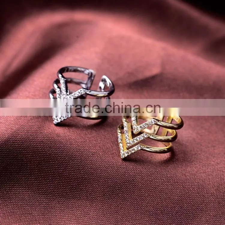 2015 china cheap wholesale fashion three layered crystal ring silver & gold ring- 2 colors