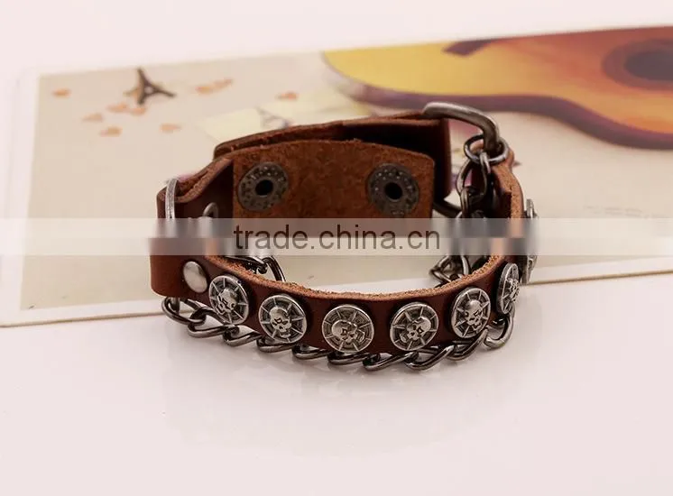 skull chain thick women leather bracelet, blank leather bracelets