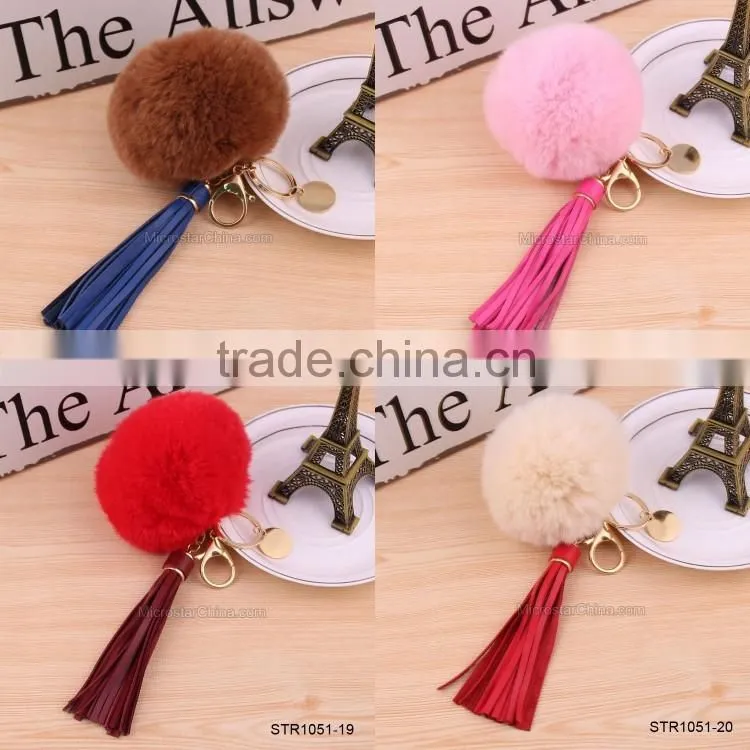 Custom Logo Genuine Leather Tassel Rabbit Fur Key Chain Pom Pom Fur Keychain