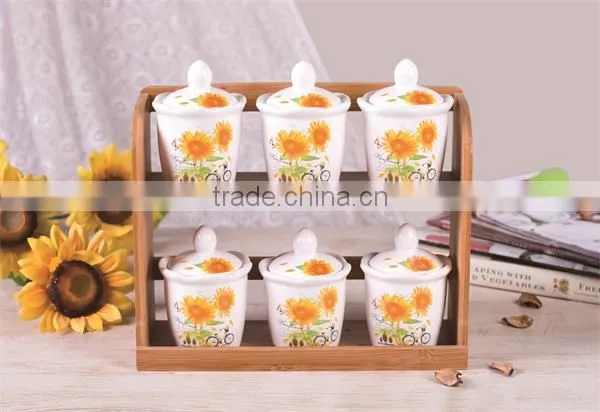 Yellow Flower Decal Ceramic 6 PCs Kitchen Spice Canisters with Wooden Stand