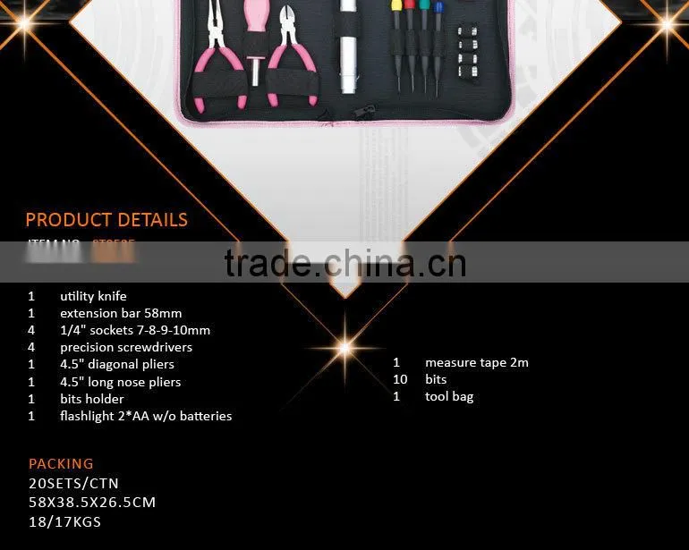26pcs Promotional Girl's Mini Hand Tool Kit Set in Pink Bag