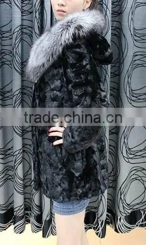 Fashion genuine mink fur coat with fox fur hood for women MC12