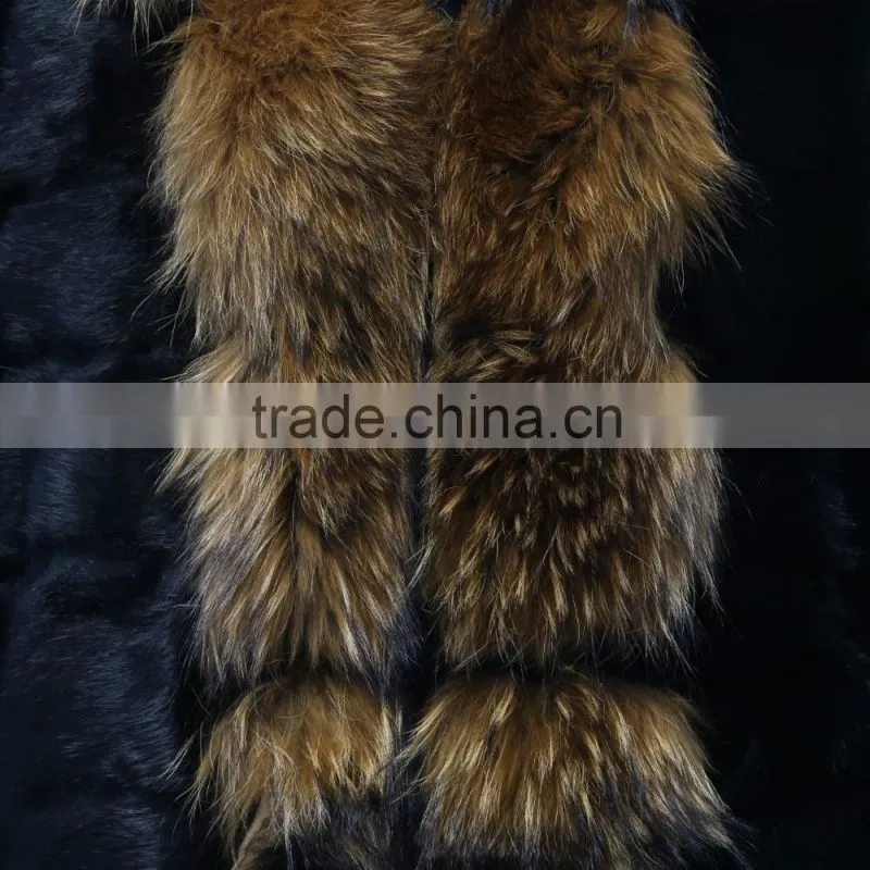 2015 rex rabbit fur coat with big racoon fur collar for women