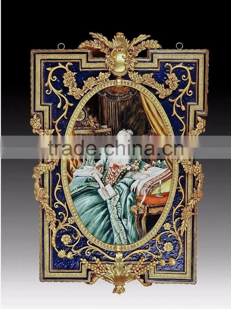 Luxury European Gold Plated Copper Mounted Ceramic Art Fresco