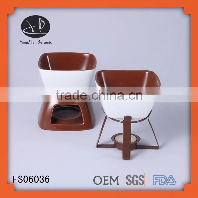 mini ceramic chocolate fondue warmer ceramic cheese fondue set with candle and fork,FDA/SGS/LFGB certification fondue set