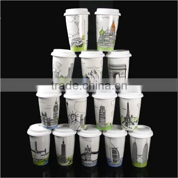 Ceramic double wall coffee cup with silicone cup lid