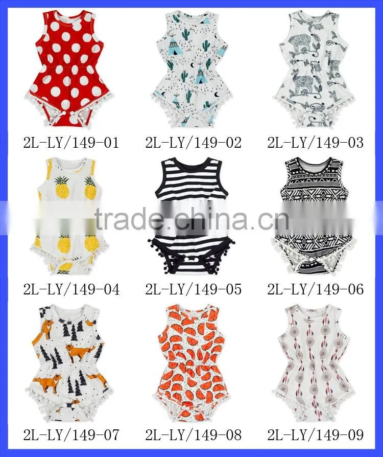 wholesale new born clothes pineapple prints elastic waist sleeveless pom pom baby girls rompers