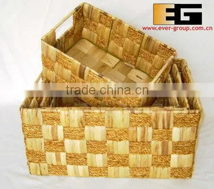 rectangular natural water-hyacinth storage basket with cut ear