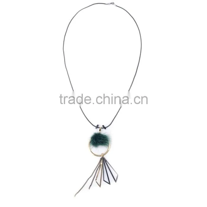 mink fur ball hoop triangle pendant necklace hot selling geometric necklace