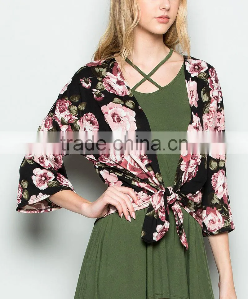 Top Selling Products In Alibaba Trendy Style Soft Cardi Breezy Black Floral 3/4 Sleeve Knitwear Cardigan