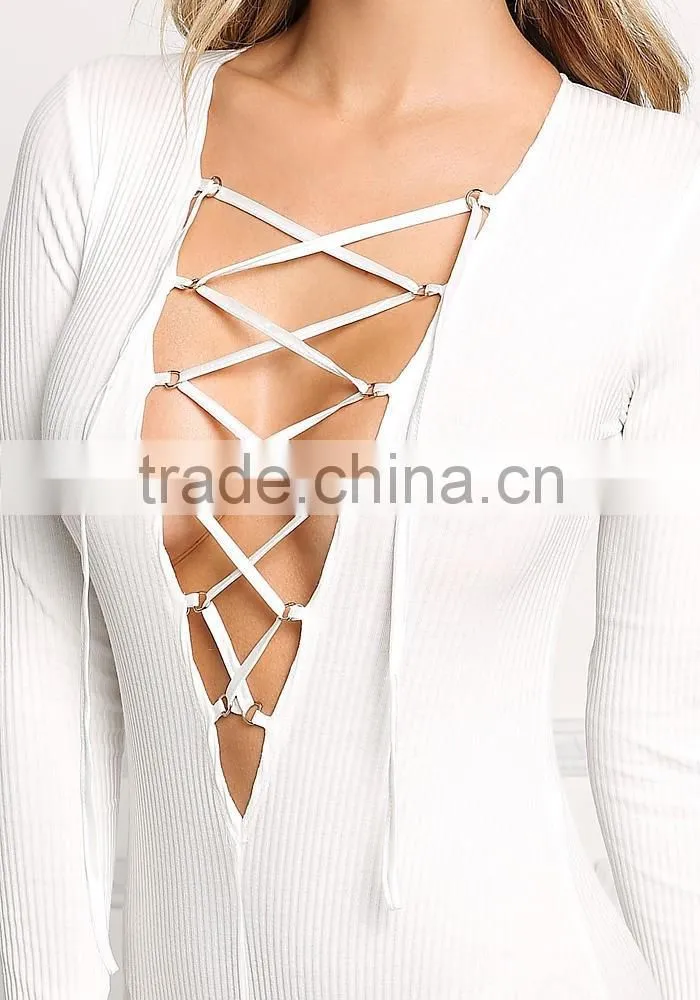 MGOO High Quality Women Long Sleeves Lace Up Bodysuit Low Back Off Plain White V Neck Rib 95% Cotton 5% Spandex