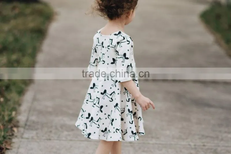 Little Girls Fall Clothing Kids Unicorn Twril Cotton Printed Long Sleeve Dress