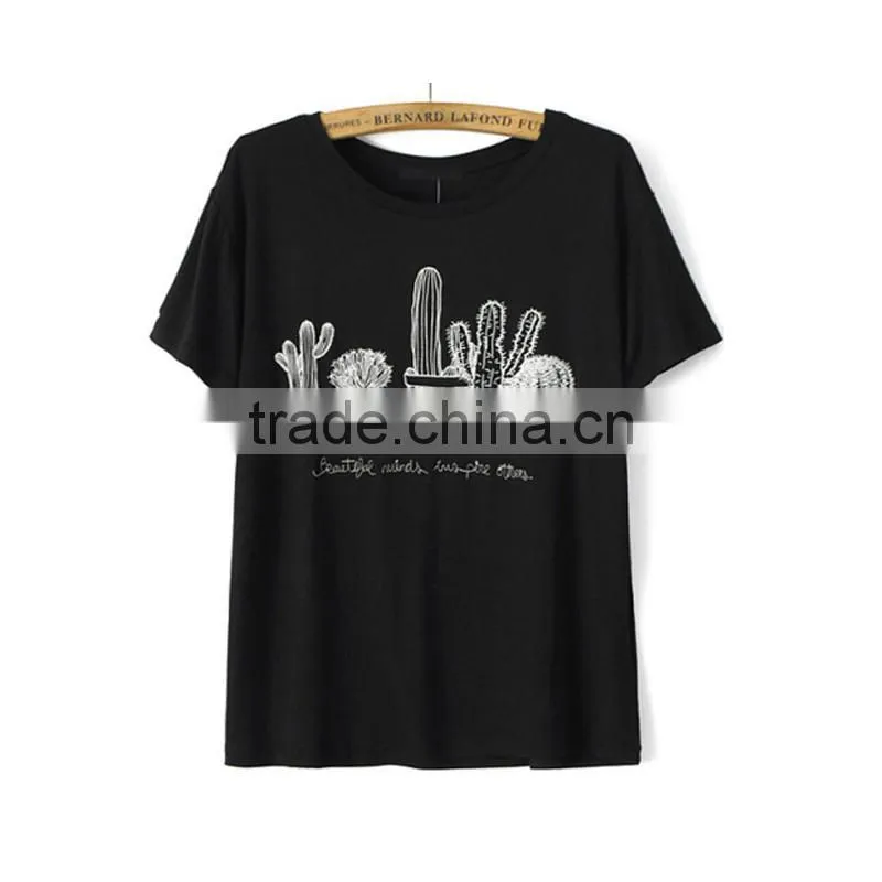 Black ladies t-shirt round neck short sleeve garment t shirt