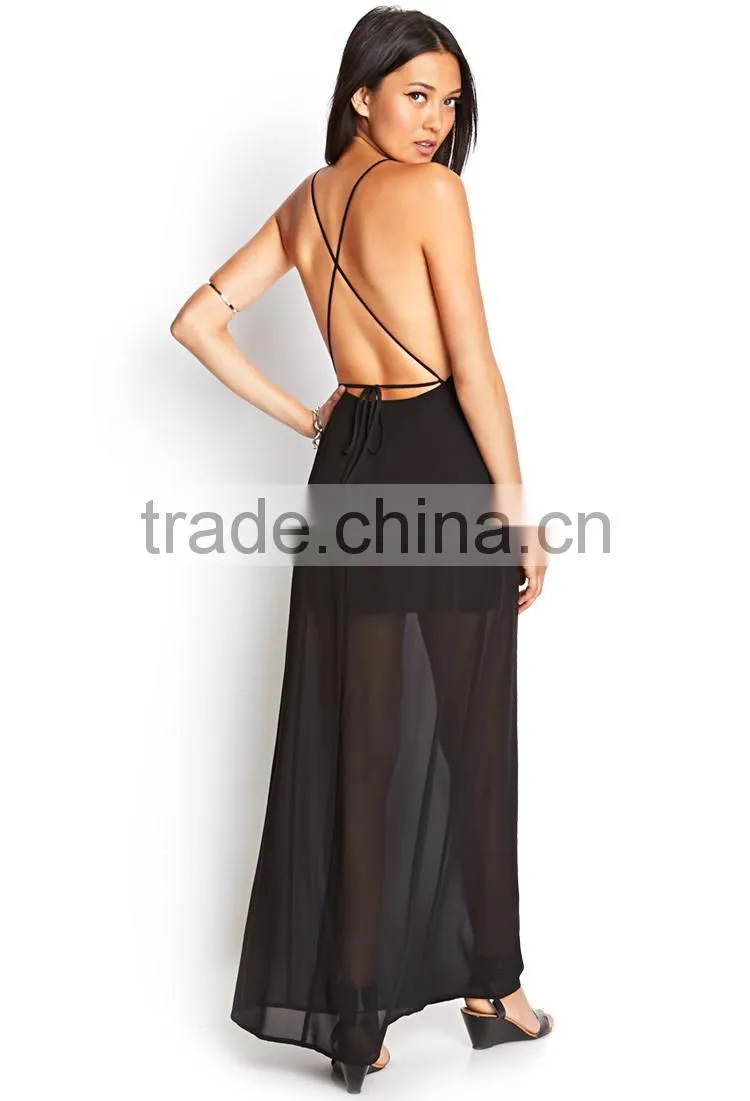 hot selling women spaghetti strap chiffon evening dress plain black chiffon evening dress backless chiffon evening dress