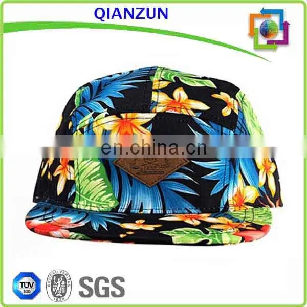 Leather Back Strap Print Pattern Hat Custom Logo 5 Panel Hat Wholesale
