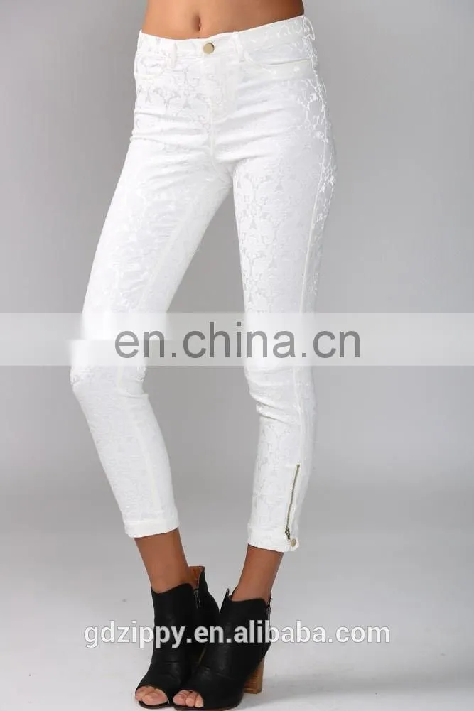 2016 New Women White Skinny Jeans.Lace Crotchet Detailing