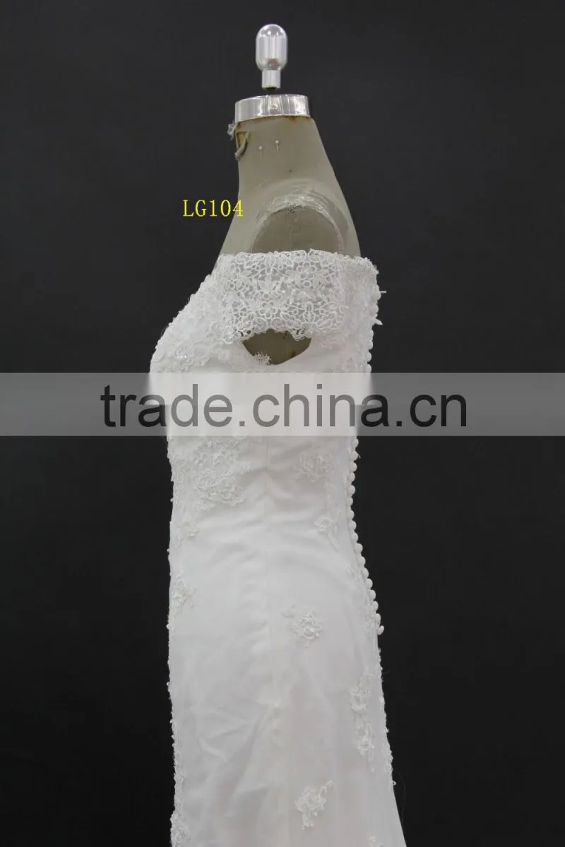 off-shoulder straight neckline horse tail at hem make ruffle effect sheath wedding dress