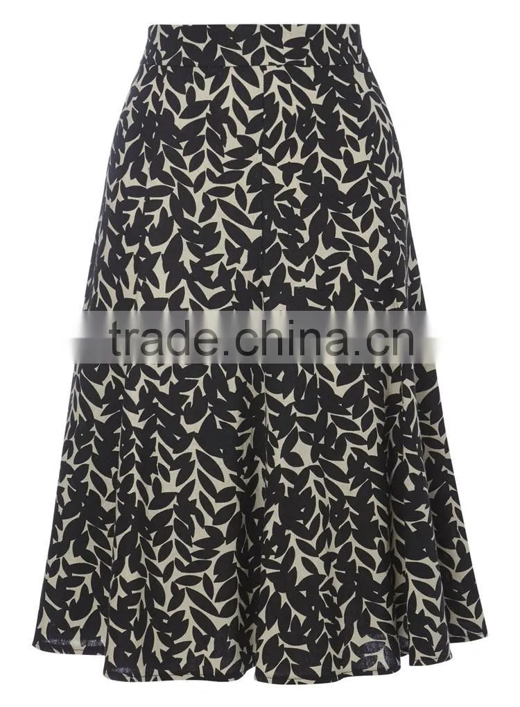 2015 European Lady Fashion Linen Leaf Printed Midi Skirt