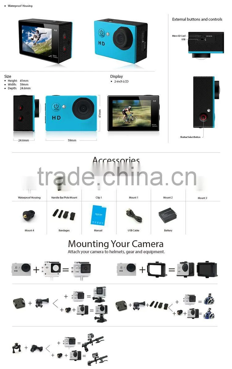 HD 720p Helmet Sport Action Camera With 2.0 Inch Screen