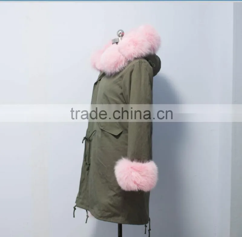 Women outwear military parka jacket with real fox fur hood trim made in China