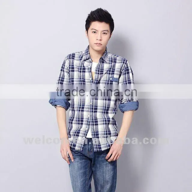 Latest brand design European style slim fit casual plaids fancy fashion men linen shirts