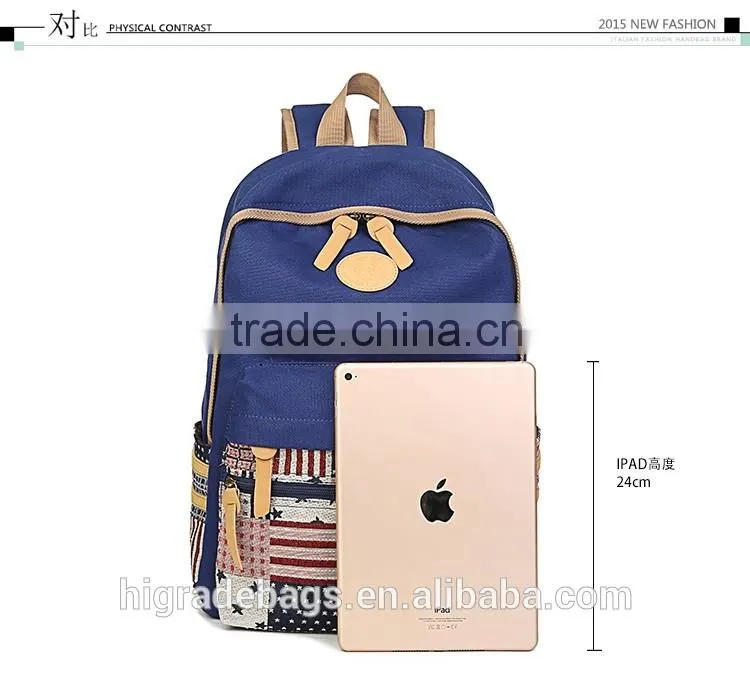 canvas school backpack bag with leather trim