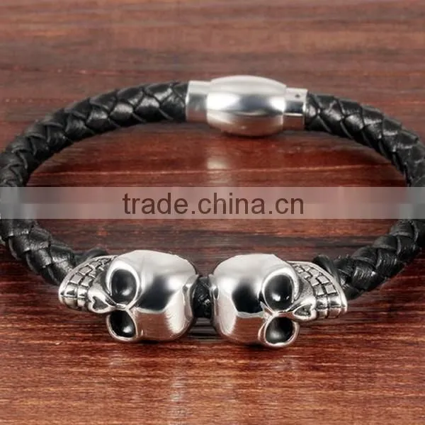 Popular Sell Leather Magnetic Clasp Skull Bracelet Design