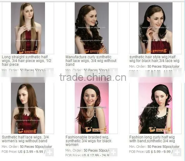 wholesale fake hair 3/4 wigs, curly synthetic hair styles half wigs hairpieces